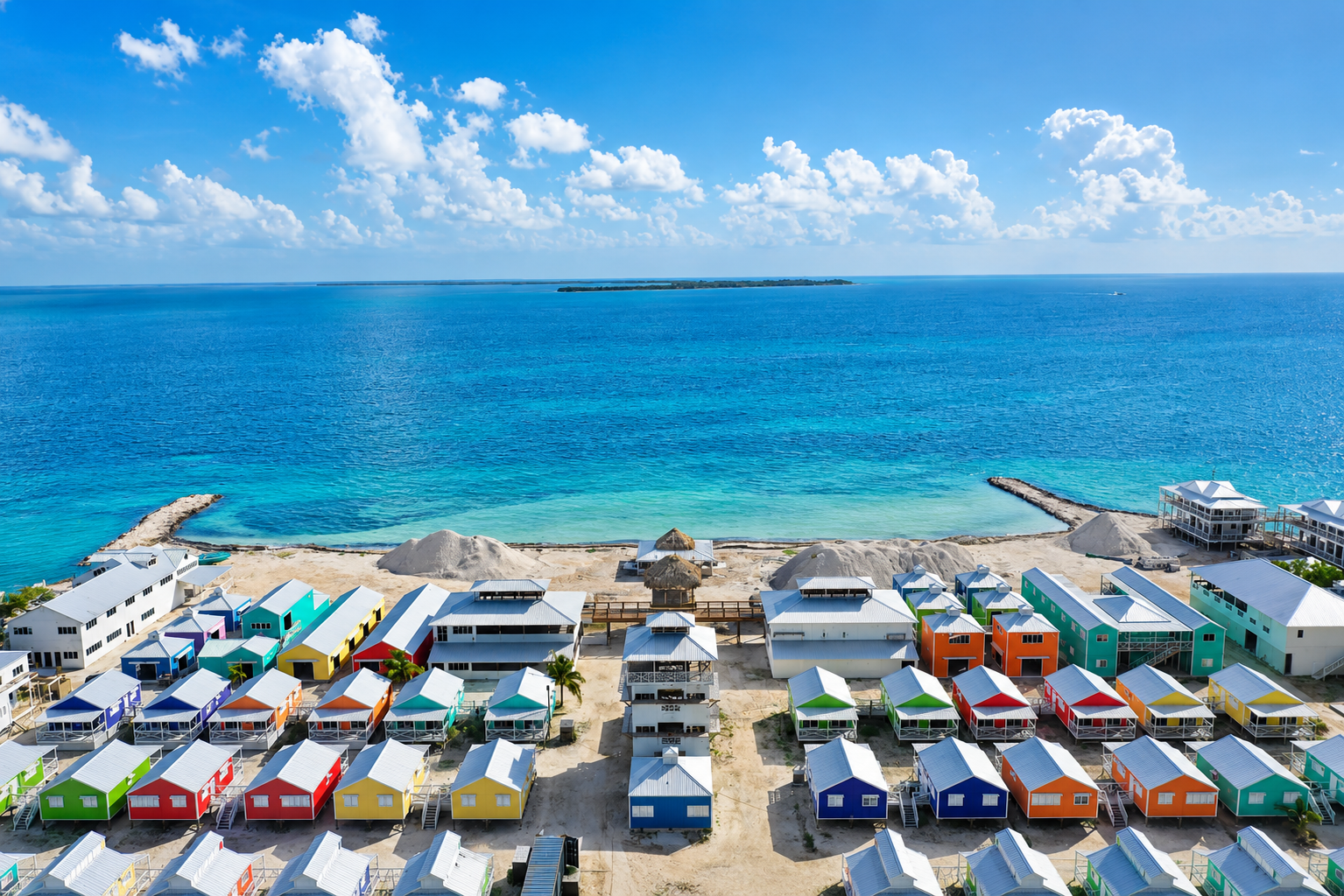 Isabella Caye aerial view — colourful buildings meeting the Caribbean Sea