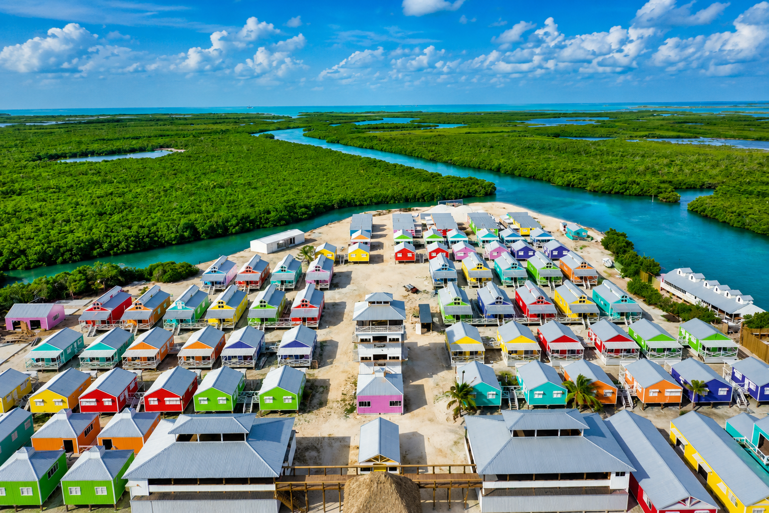 Isabella Caye from above — mangrove waterways and colourful buildings
