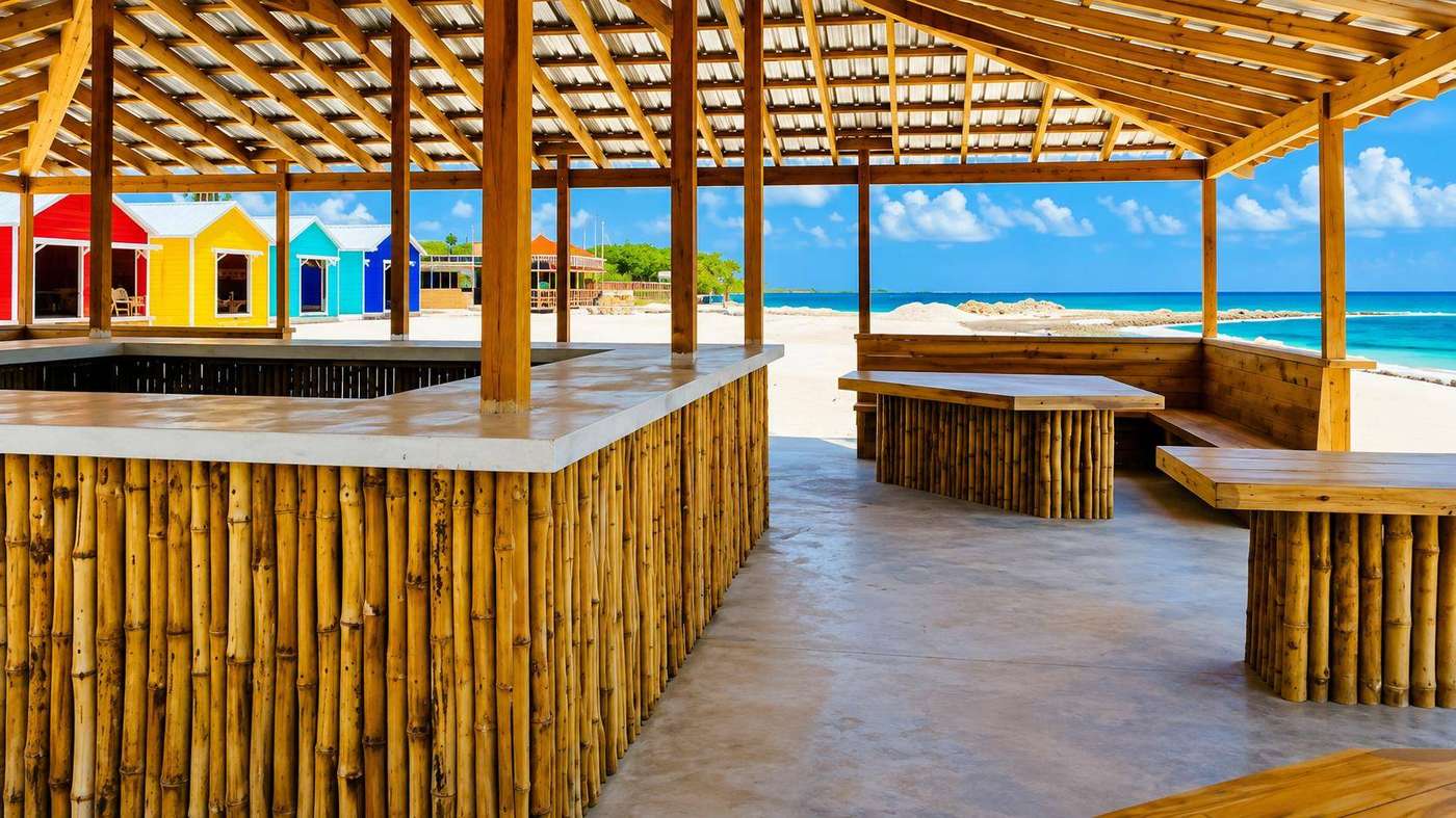 Inside the beach club — timber and thatch craftsmanship