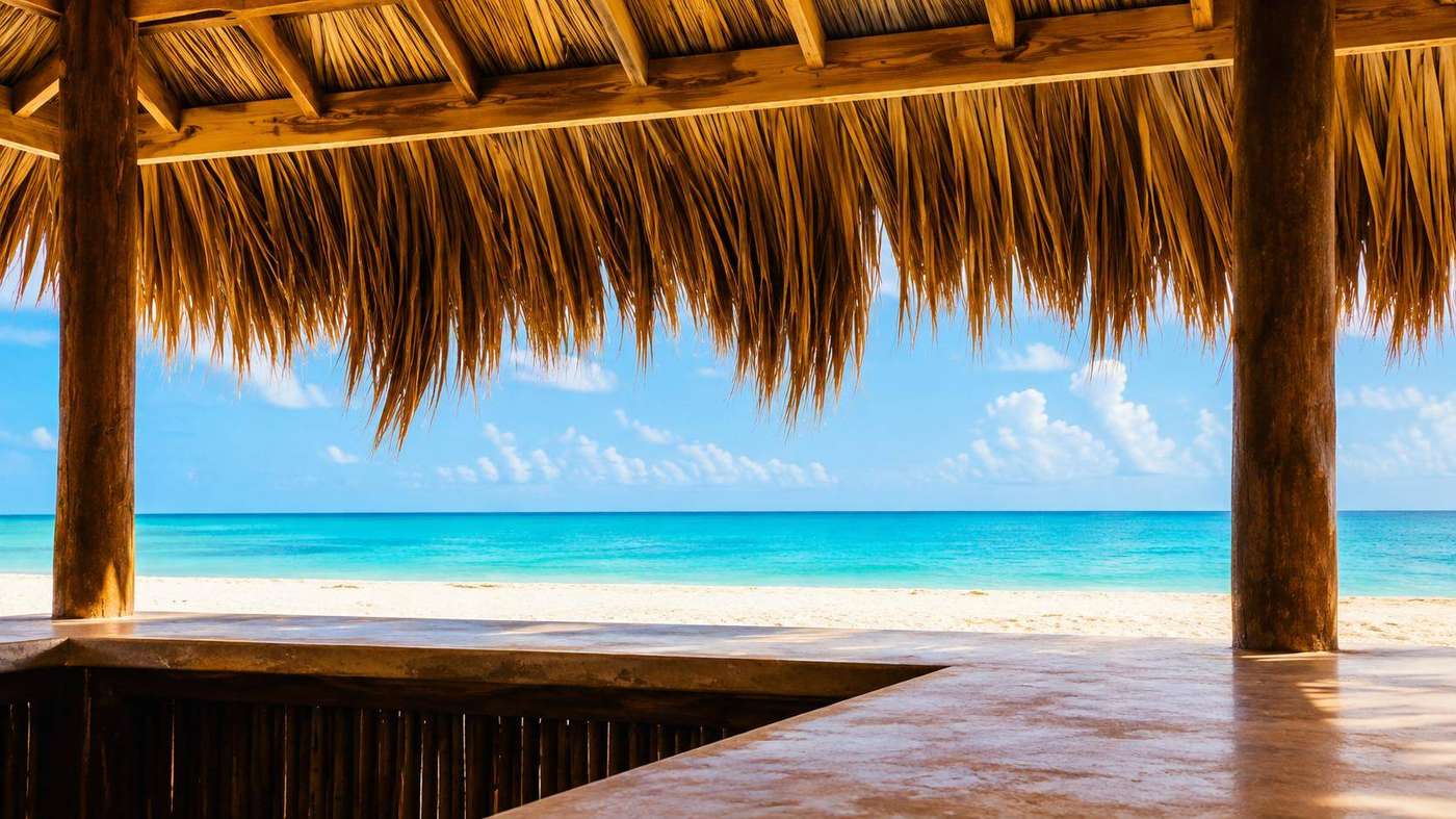 Bar on the sea — thatched structure overlooking Caribbean waters