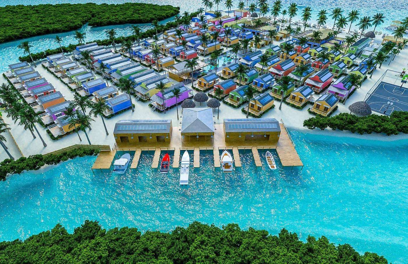 Marina and dock rendering — arrival by water at Isabella Caye