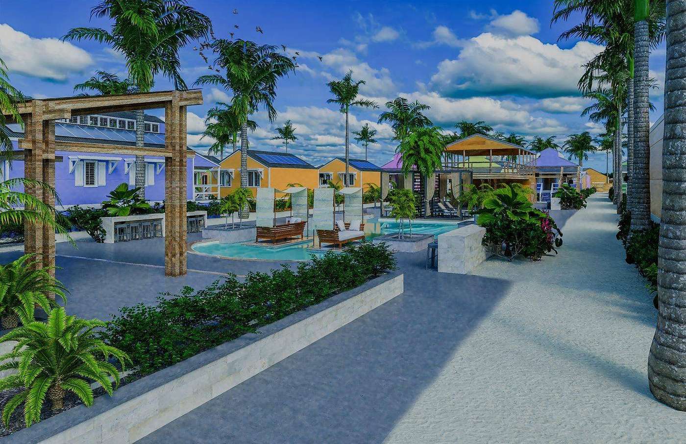 Poolside rendering — the heart of Isabella Caye